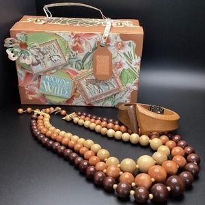 Vintage wood bead necklace. Vintage faux wood clamper style bracelet